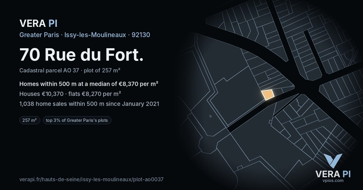 70 Rue du Fort, Issy-les-Moulineaux at night – the plot lit, the parcels around coloured by the prices near them