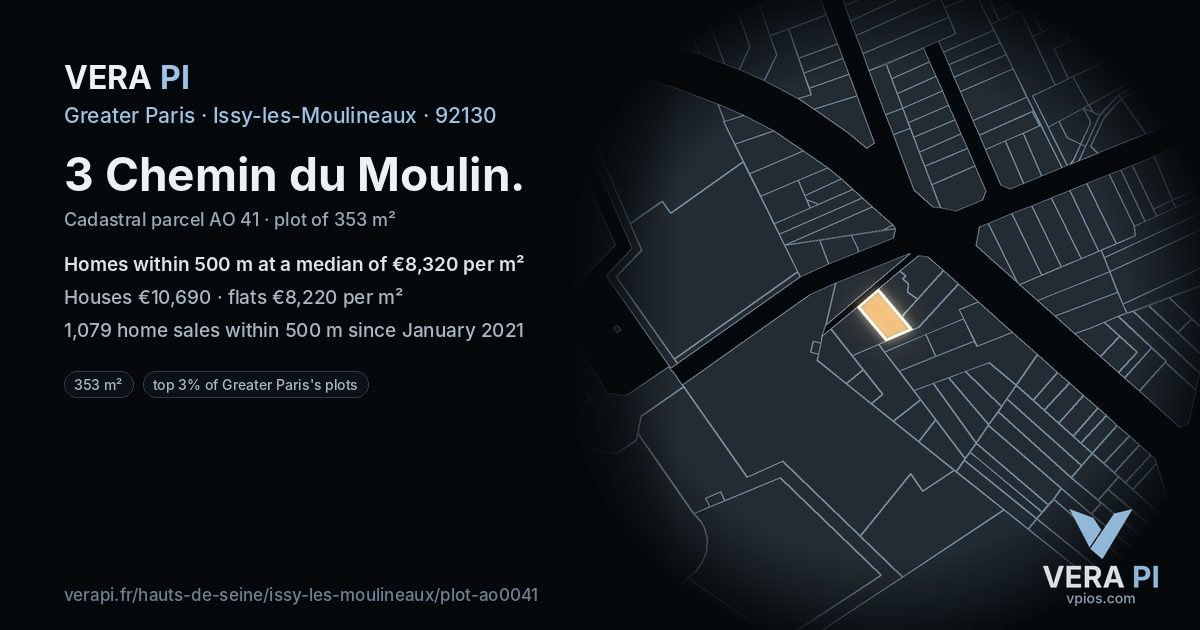 3 Chemin du Moulin, Issy-les-Moulineaux at night – the plot lit, the parcels around coloured by the prices near them