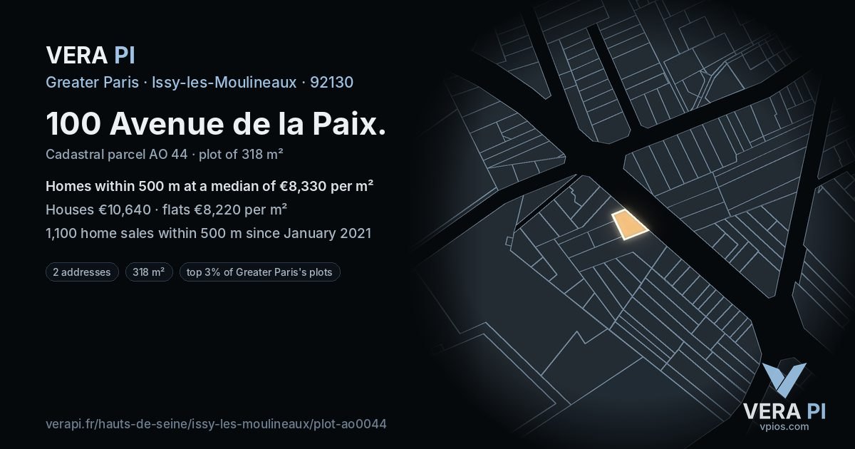 100 Avenue de la Paix, Issy-les-Moulineaux at night – the plot lit, the parcels around coloured by the prices near them