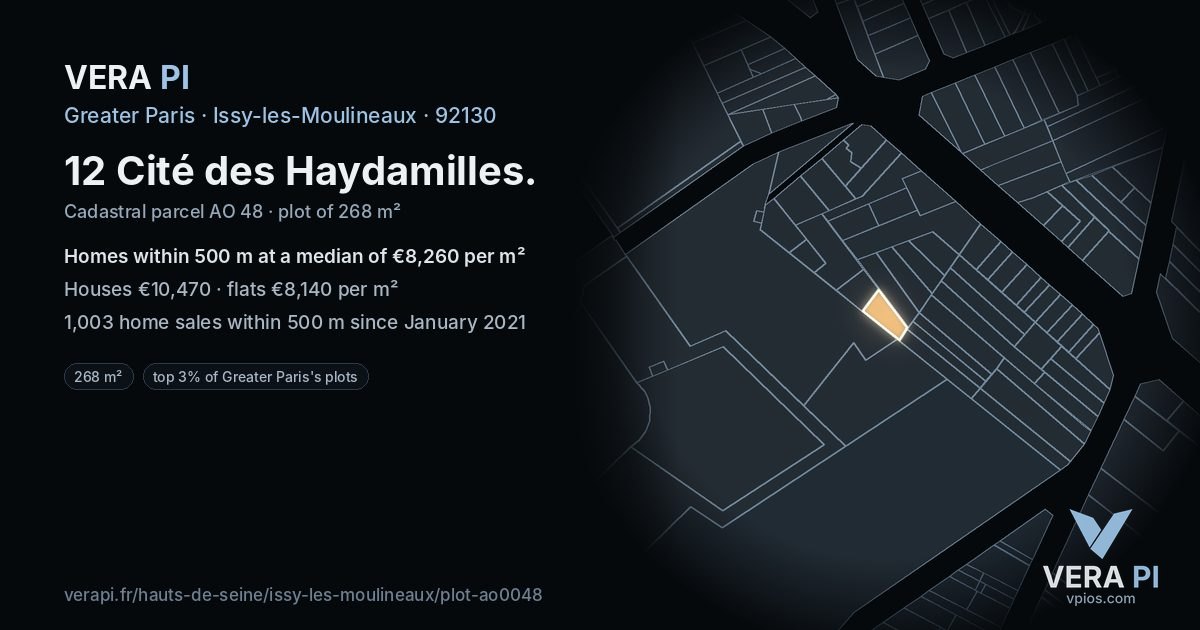 12 Cité des Haydamilles, Issy-les-Moulineaux at night – the plot lit, the parcels around coloured by the prices near them