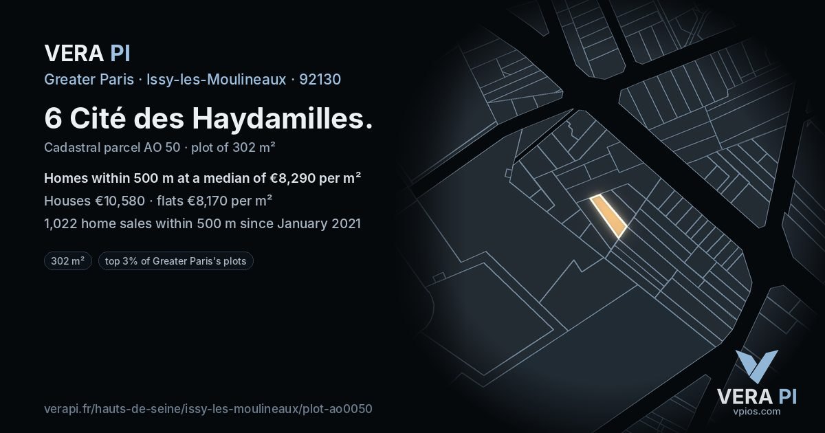 6 Cité des Haydamilles, Issy-les-Moulineaux at night – the plot lit, the parcels around coloured by the prices near them