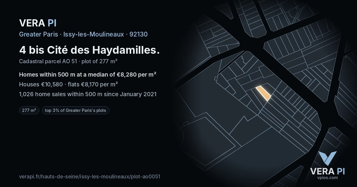4 bis Cité des Haydamilles, Issy-les-Moulineaux at night – the plot lit, the parcels around coloured by the prices near them