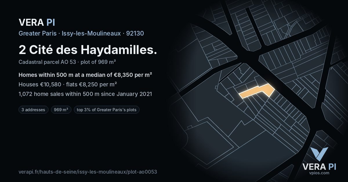 2 Cité des Haydamilles, Issy-les-Moulineaux at night – the plot lit, the parcels around coloured by the prices near them