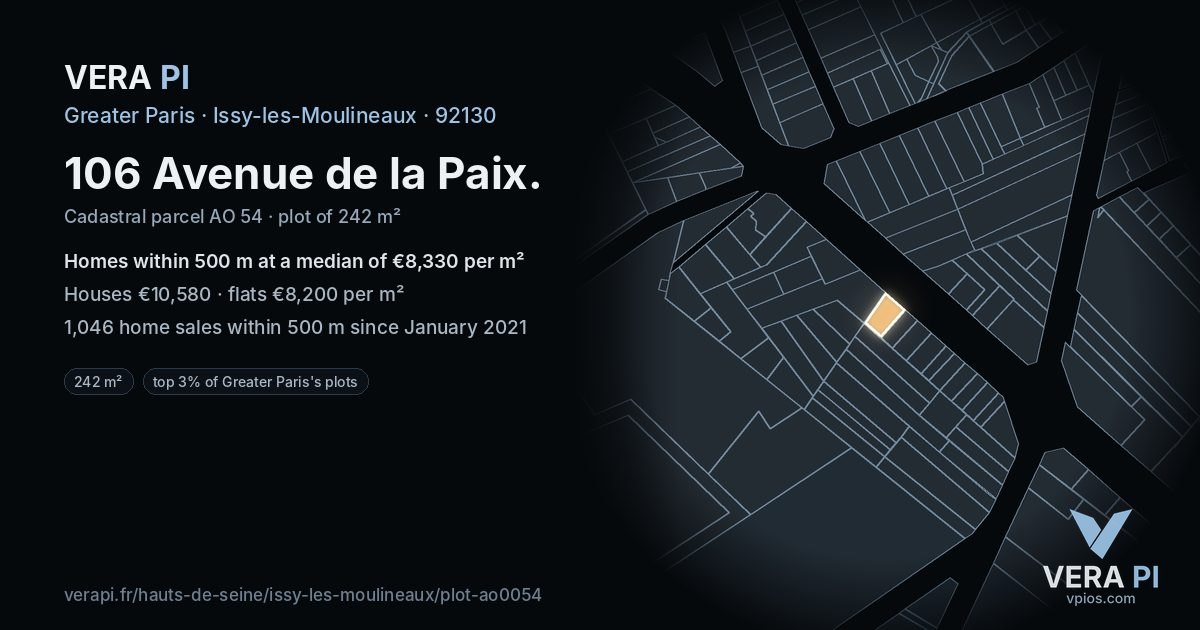 106 Avenue de la Paix, Issy-les-Moulineaux at night – the plot lit, the parcels around coloured by the prices near them