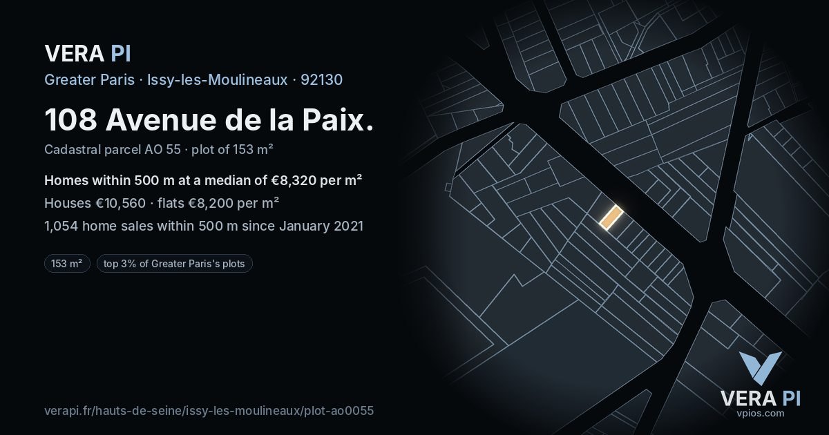 108 Avenue de la Paix, Issy-les-Moulineaux at night – the plot lit, the parcels around coloured by the prices near them