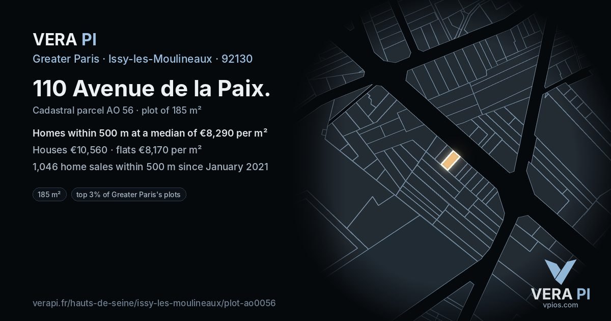 110 Avenue de la Paix, Issy-les-Moulineaux at night – the plot lit, the parcels around coloured by the prices near them