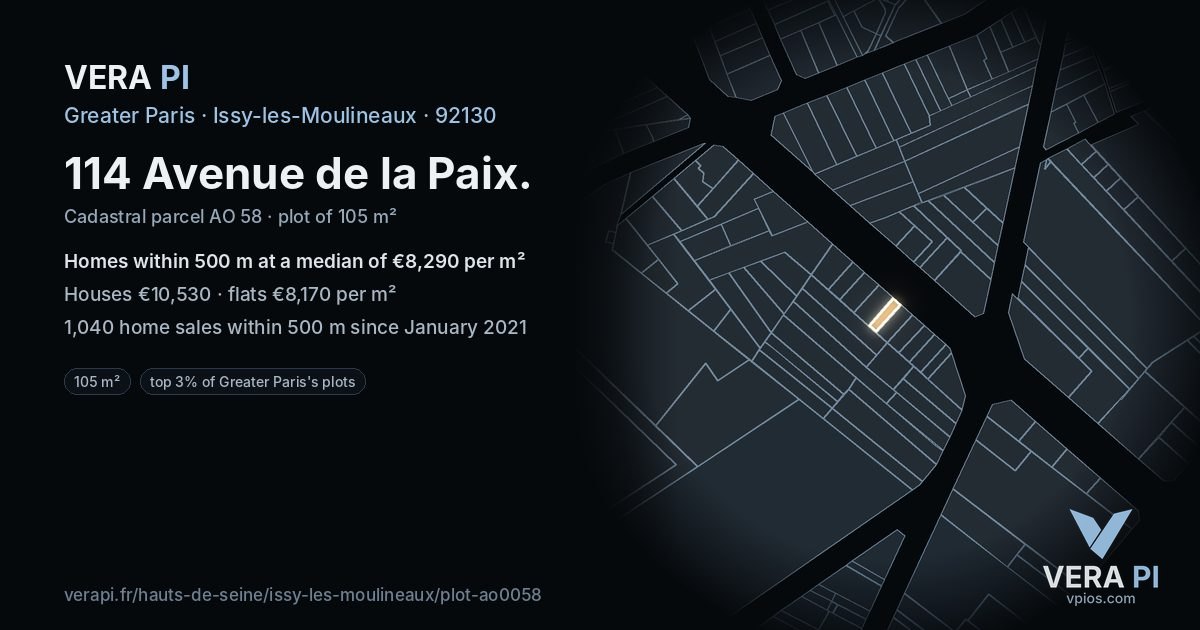 114 Avenue de la Paix, Issy-les-Moulineaux at night – the plot lit, the parcels around coloured by the prices near them