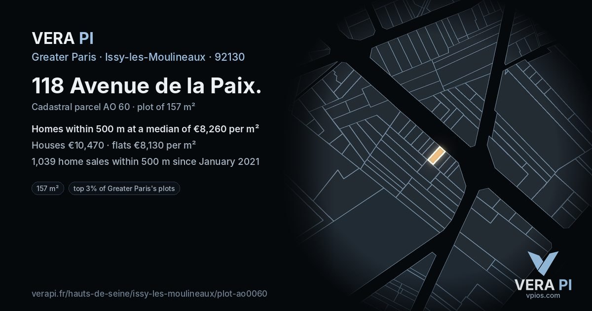 118 Avenue de la Paix, Issy-les-Moulineaux at night – the plot lit, the parcels around coloured by the prices near them