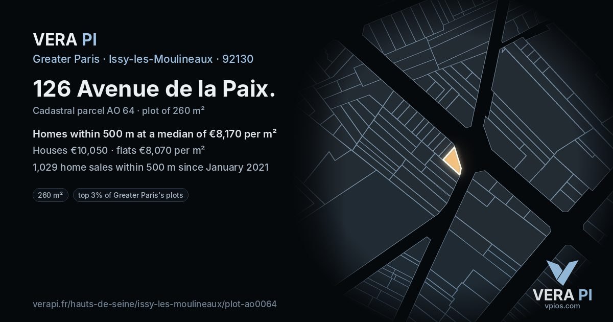 126 Avenue de la Paix, Issy-les-Moulineaux at night – the plot lit, the parcels around coloured by the prices near them