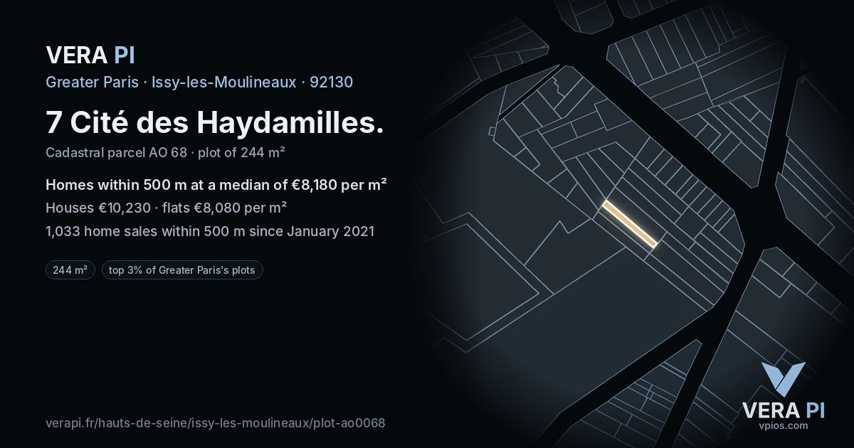 7 Cité des Haydamilles, Issy-les-Moulineaux at night – the plot lit, the parcels around coloured by the prices near them