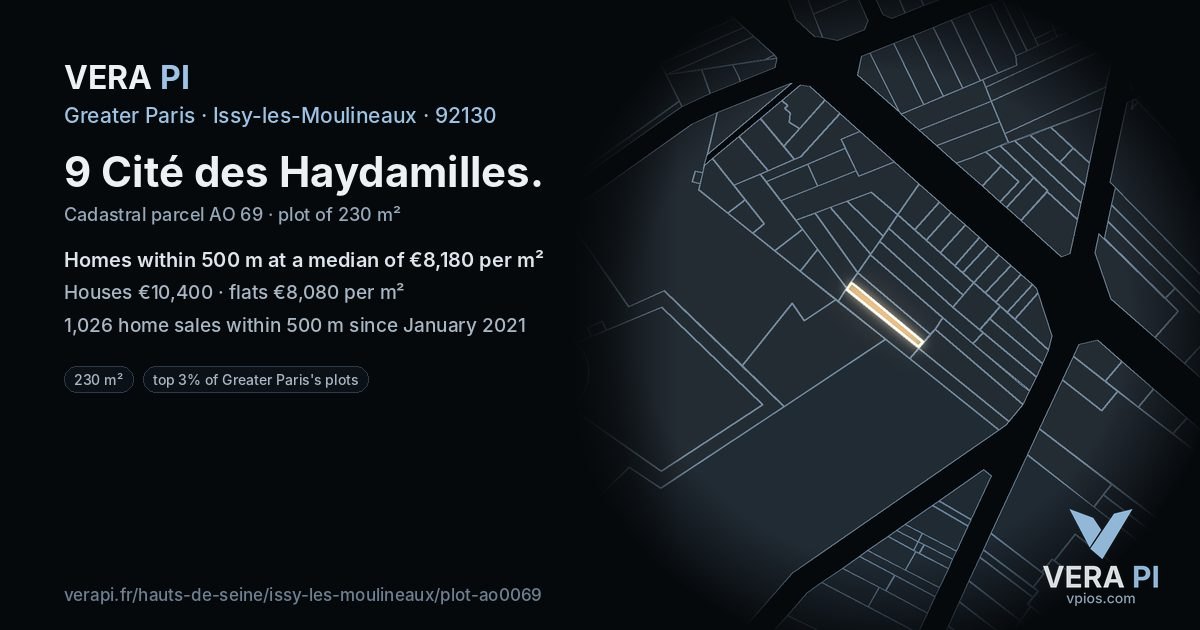 9 Cité des Haydamilles, Issy-les-Moulineaux at night – the plot lit, the parcels around coloured by the prices near them