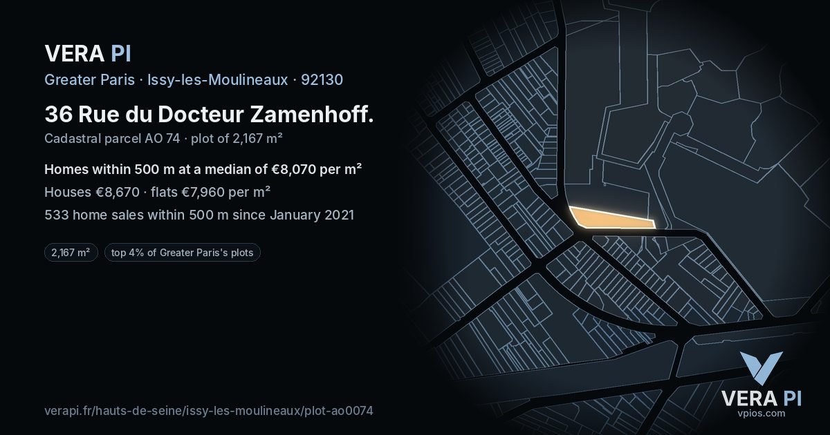 36 Rue du Docteur Zamenhoff, Issy-les-Moulineaux at night – the plot lit, the parcels around coloured by the prices near them