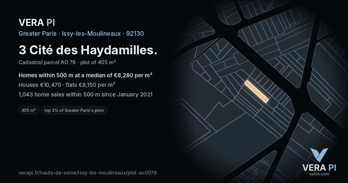 3 Cité des Haydamilles, Issy-les-Moulineaux at night – the plot lit, the parcels around coloured by the prices near them