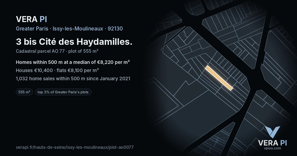 3 bis Cité des Haydamilles, Issy-les-Moulineaux at night – the plot lit, the parcels around coloured by the prices near them