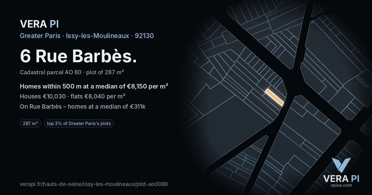 6 Rue Barbès, Issy-les-Moulineaux at night – the plot lit, the parcels around coloured by the prices near them