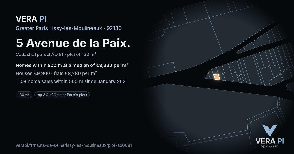 5 Avenue de la Paix, Issy-les-Moulineaux at night – the plot lit, the parcels around coloured by the prices near them