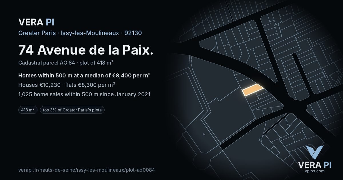 74 Avenue de la Paix, Issy-les-Moulineaux at night – the plot lit, the parcels around coloured by the prices near them