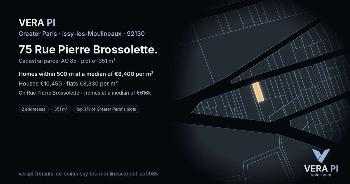 75 Rue Pierre Brossolette, Issy-les-Moulineaux at night – the plot lit, the parcels around coloured by the prices near them