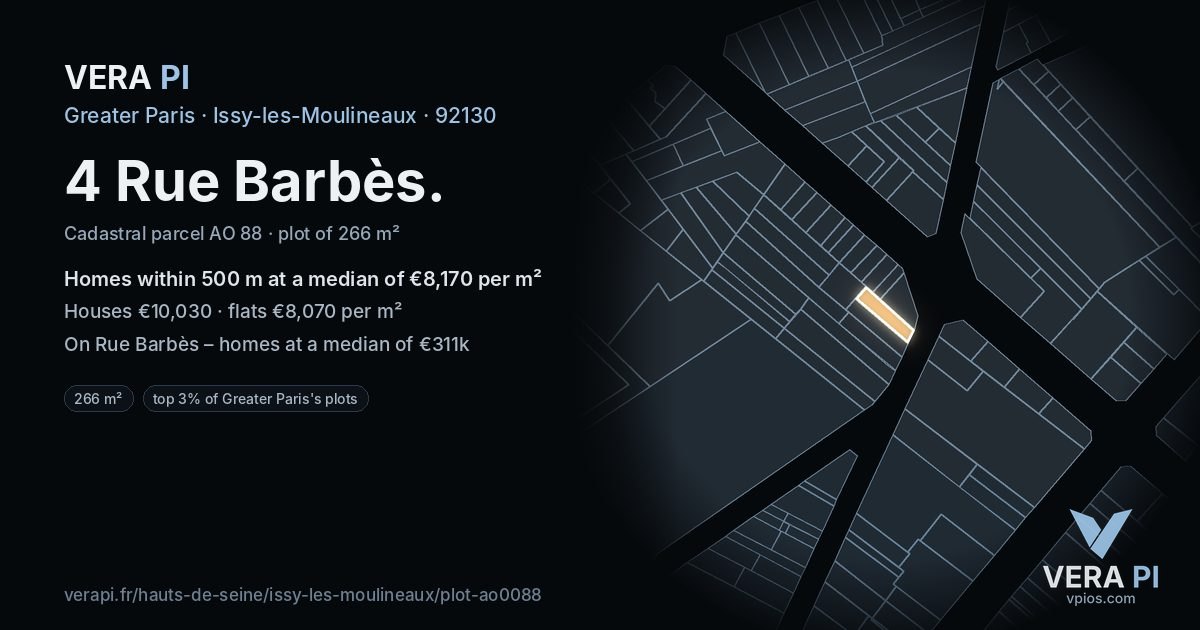4 Rue Barbès, Issy-les-Moulineaux at night – the plot lit, the parcels around coloured by the prices near them