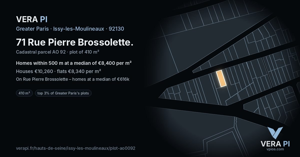 71 Rue Pierre Brossolette, Issy-les-Moulineaux at night – the plot lit, the parcels around coloured by the prices near them