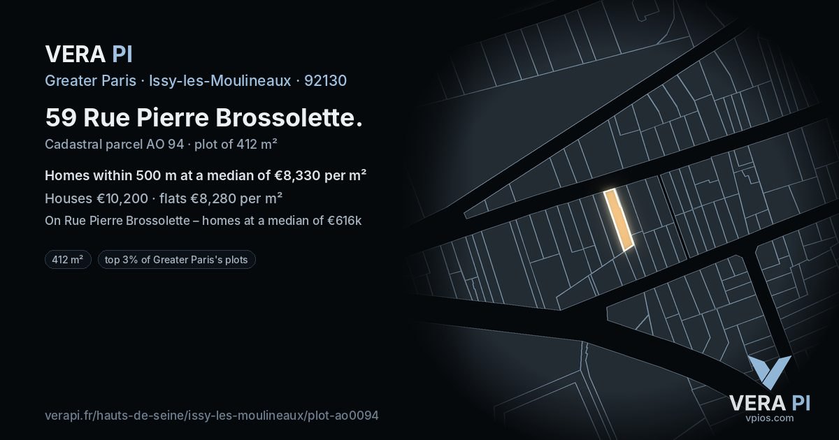 59 Rue Pierre Brossolette, Issy-les-Moulineaux at night – the plot lit, the parcels around coloured by the prices near them