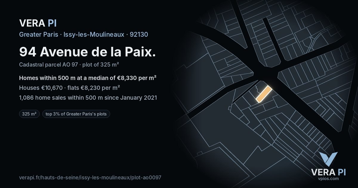 94 Avenue de la Paix, Issy-les-Moulineaux at night – the plot lit, the parcels around coloured by the prices near them