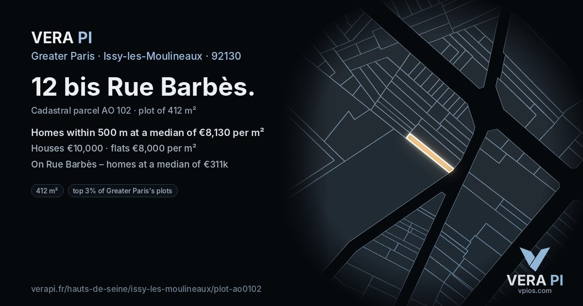 12 bis Rue Barbès, Issy-les-Moulineaux at night – the plot lit, the parcels around coloured by the prices near them