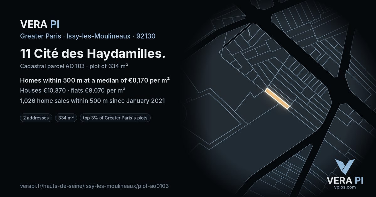 11 Cité des Haydamilles, Issy-les-Moulineaux at night – the plot lit, the parcels around coloured by the prices near them