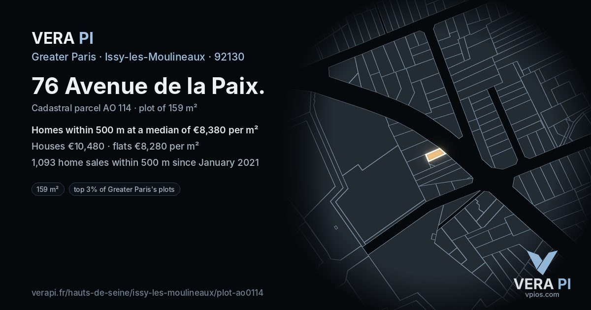 76 Avenue de la Paix, Issy-les-Moulineaux at night – the plot lit, the parcels around coloured by the prices near them