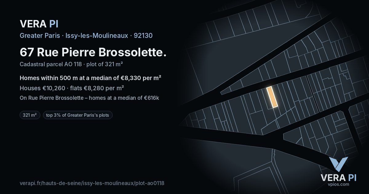 67 Rue Pierre Brossolette, Issy-les-Moulineaux at night – the plot lit, the parcels around coloured by the prices near them