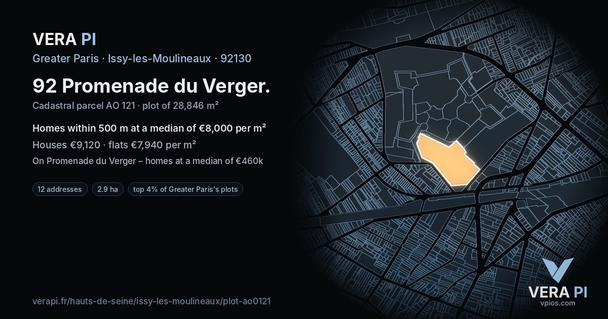 92 Promenade du Verger, Issy-les-Moulineaux at night – the plot lit, the parcels around coloured by the prices near them