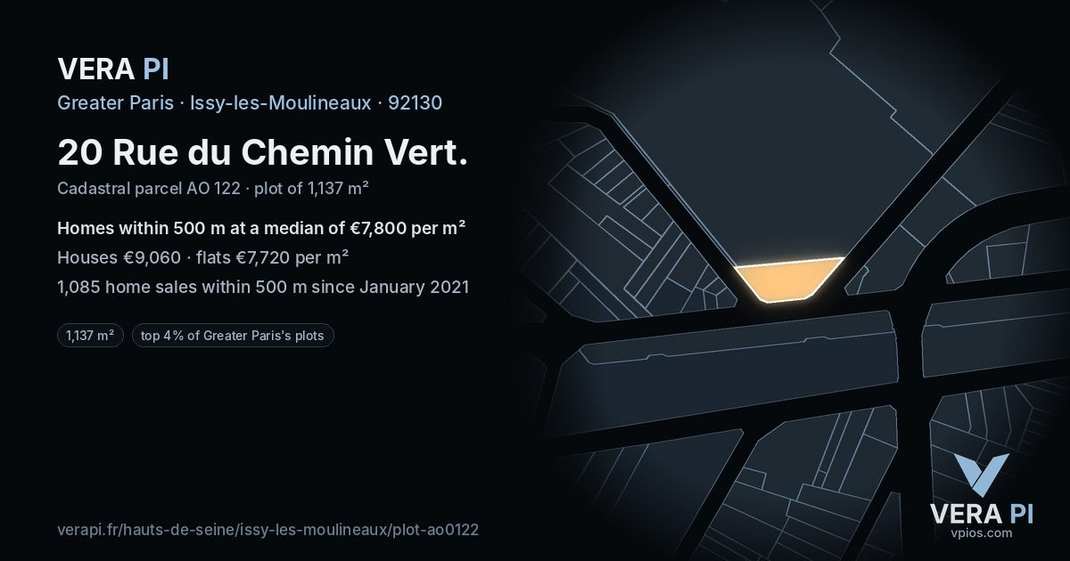 20 Rue du Chemin Vert, Issy-les-Moulineaux at night – the plot lit, the parcels around coloured by the prices near them