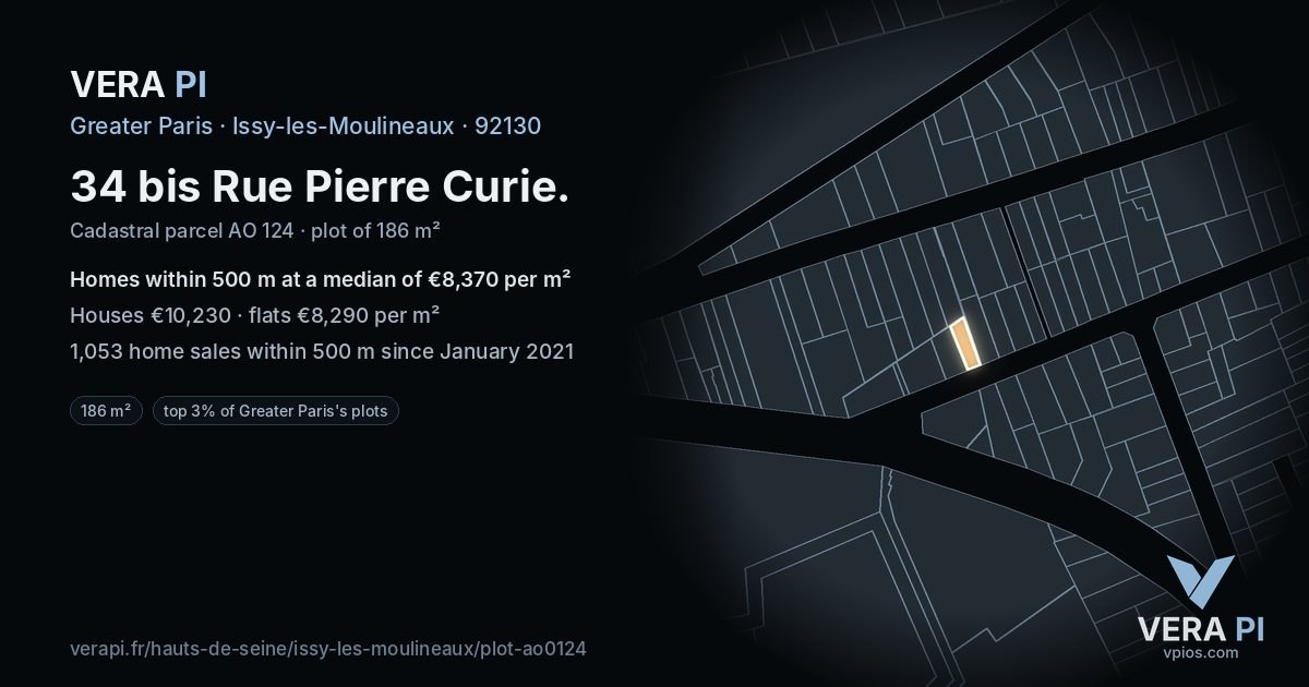 34 bis Rue Pierre Curie, Issy-les-Moulineaux at night – the plot lit, the parcels around coloured by the prices near them