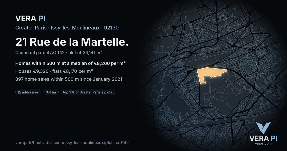 21 Rue de la Martelle, Issy-les-Moulineaux at night – the plot lit, the parcels around coloured by the prices near them