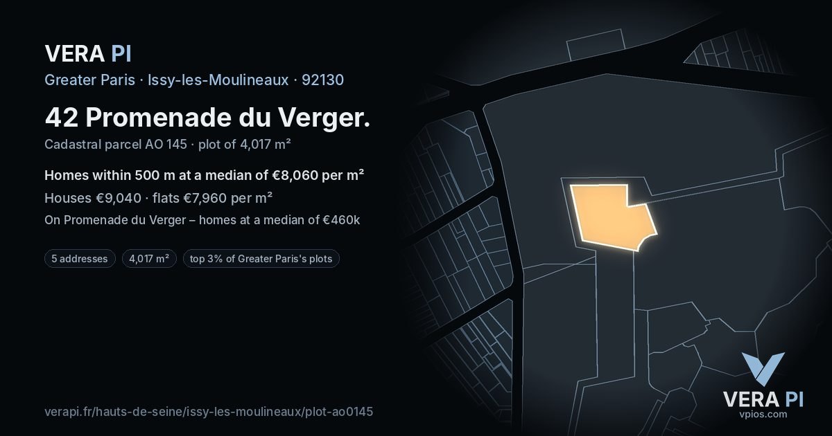 42 Promenade du Verger, Issy-les-Moulineaux at night – the plot lit, the parcels around coloured by the prices near them