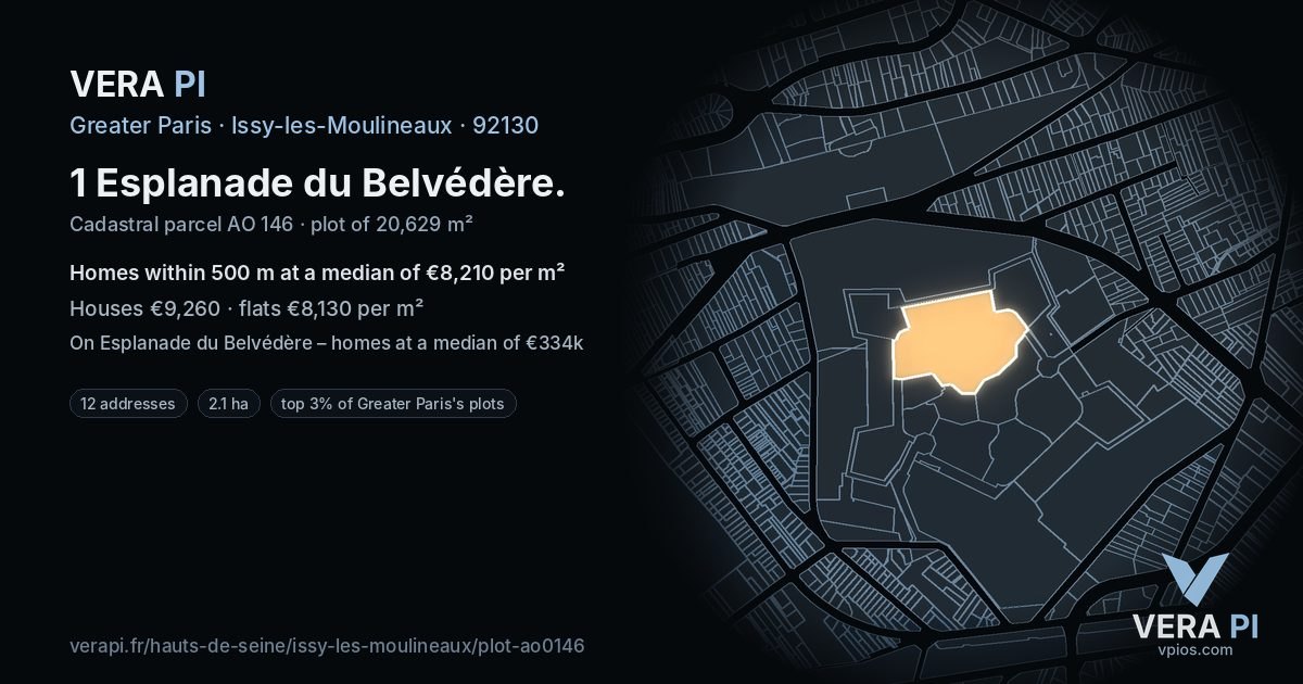 1 Esplanade du Belvédère, Issy-les-Moulineaux at night – the plot lit, the parcels around coloured by the prices near them