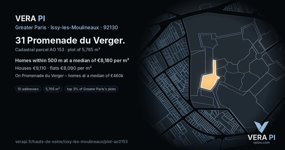 31 Promenade du Verger, Issy-les-Moulineaux at night – the plot lit, the parcels around coloured by the prices near them