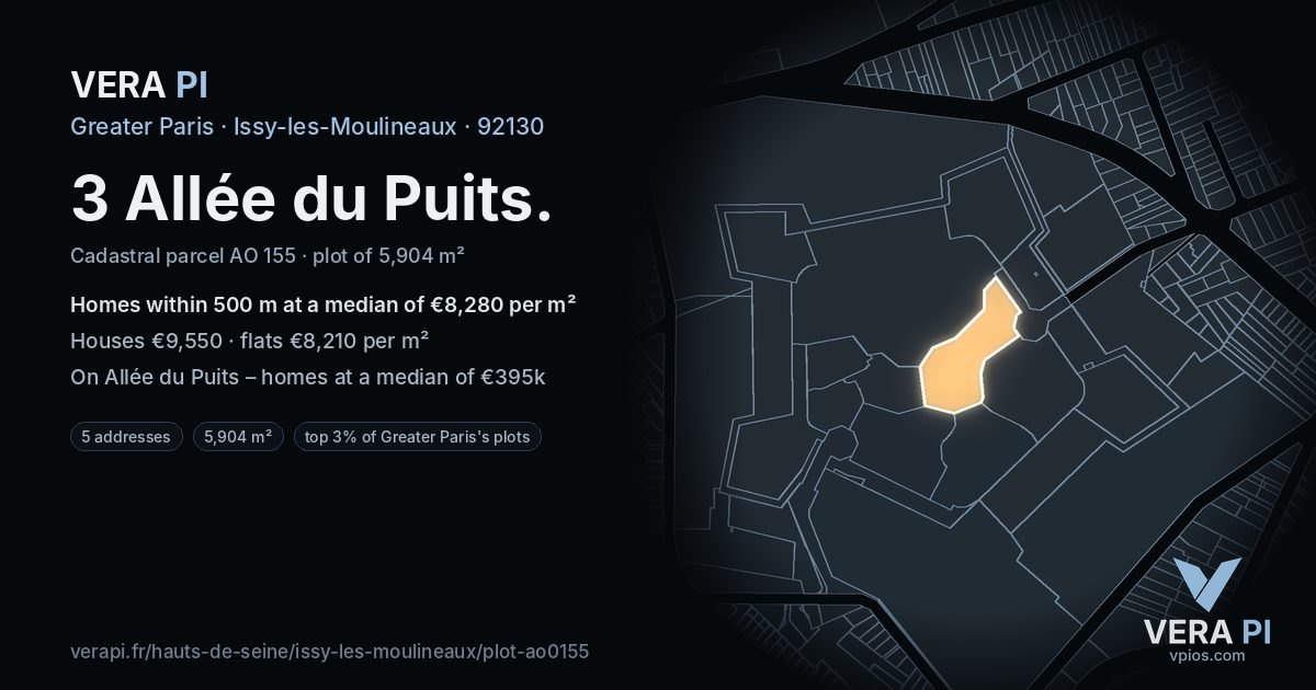 3 Allée du Puits, Issy-les-Moulineaux at night – the plot lit, the parcels around coloured by the prices near them