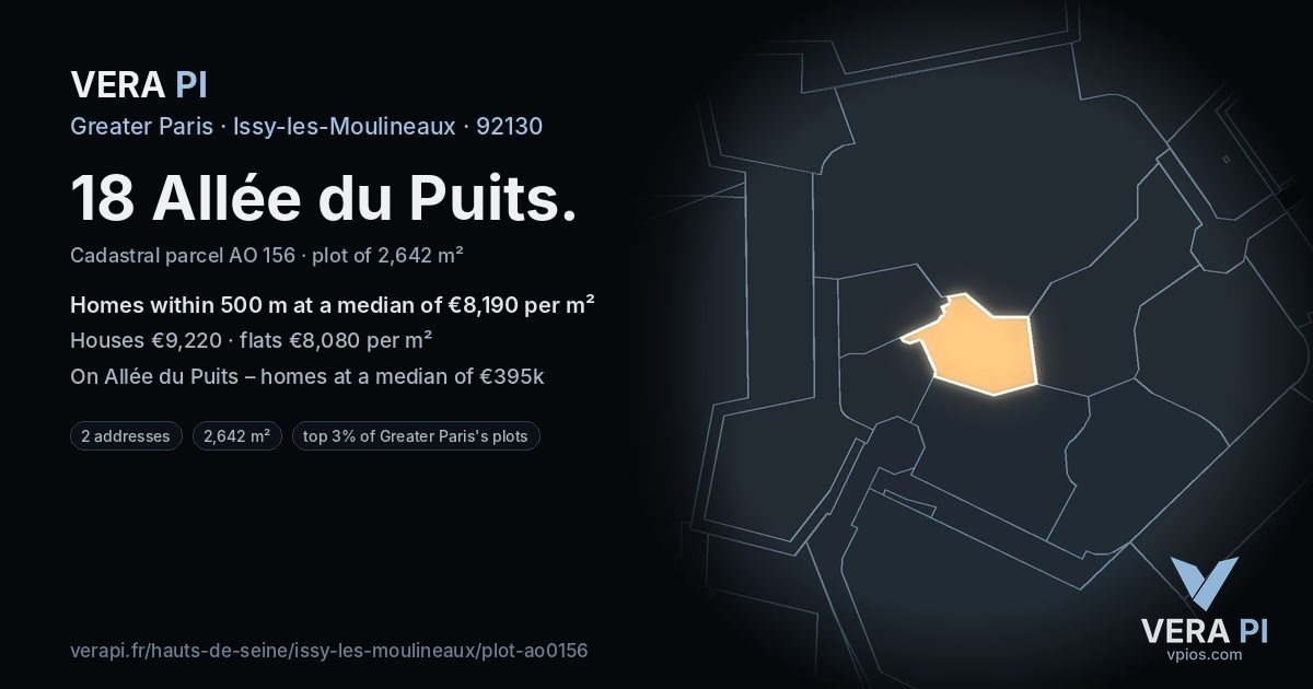 18 Allée du Puits, Issy-les-Moulineaux at night – the plot lit, the parcels around coloured by the prices near them