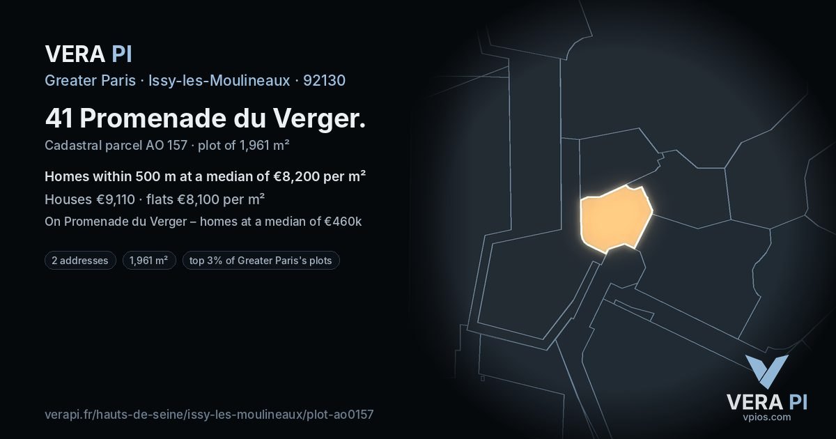 41 Promenade du Verger, Issy-les-Moulineaux at night – the plot lit, the parcels around coloured by the prices near them