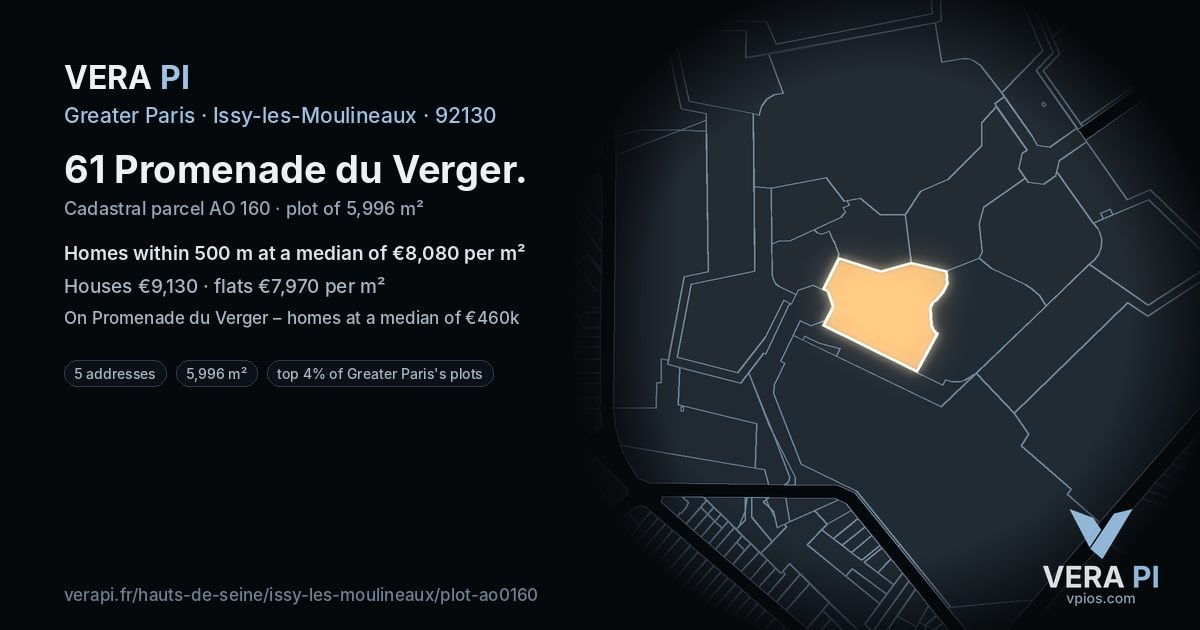 61 Promenade du Verger, Issy-les-Moulineaux at night – the plot lit, the parcels around coloured by the prices near them