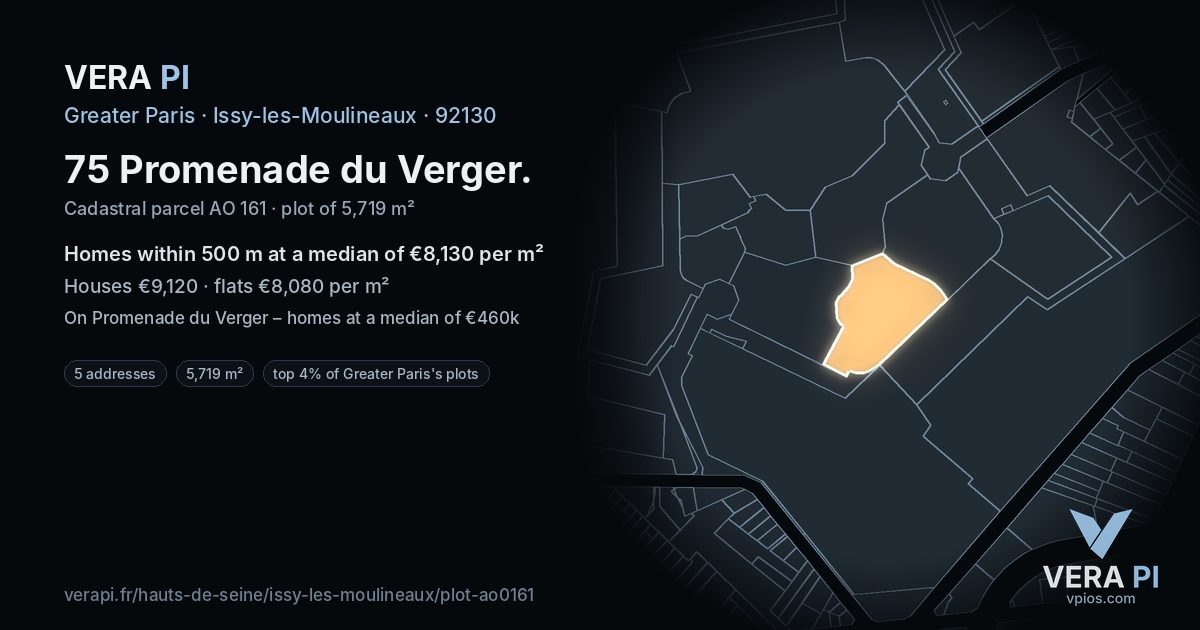 75 Promenade du Verger, Issy-les-Moulineaux at night – the plot lit, the parcels around coloured by the prices near them