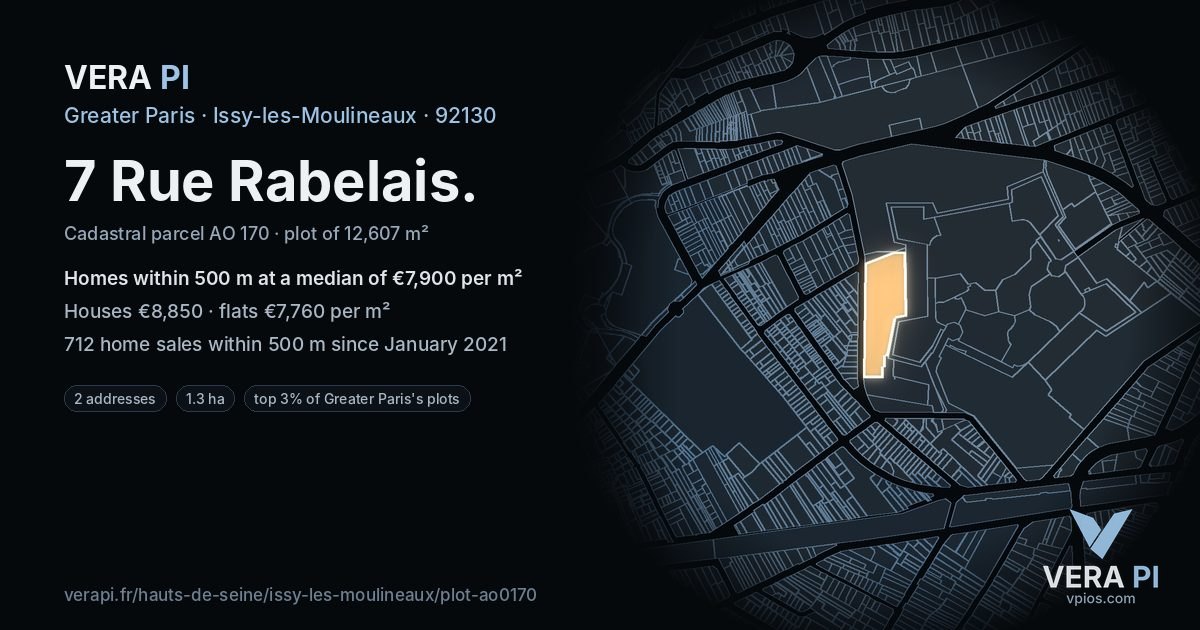 7 Rue Rabelais, Issy-les-Moulineaux at night – the plot lit, the parcels around coloured by the prices near them