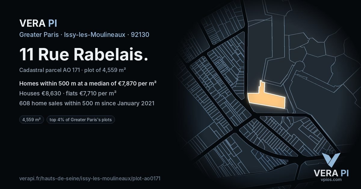 11 Rue Rabelais, Issy-les-Moulineaux at night – the plot lit, the parcels around coloured by the prices near them