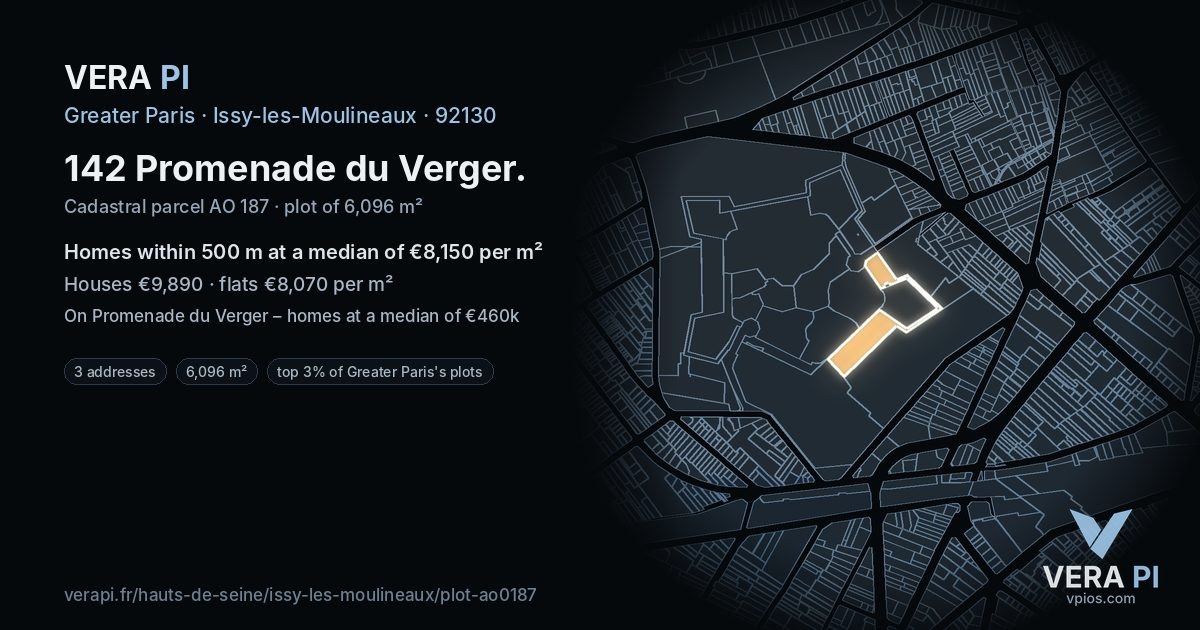 142 Promenade du Verger, Issy-les-Moulineaux at night – the plot lit, the parcels around coloured by the prices near them