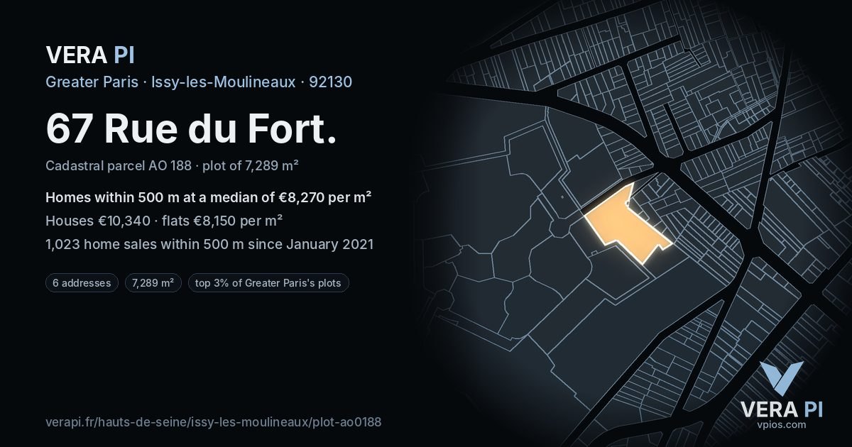 67 Rue du Fort, Issy-les-Moulineaux at night – the plot lit, the parcels around coloured by the prices near them