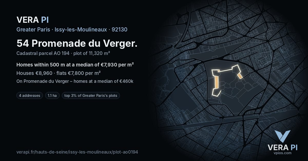 54 Promenade du Verger, Issy-les-Moulineaux at night – the plot lit, the parcels around coloured by the prices near them