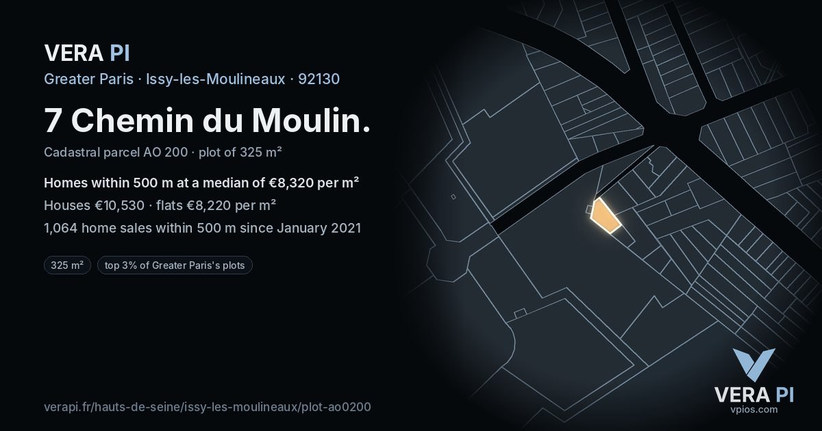 7 Chemin du Moulin, Issy-les-Moulineaux at night – the plot lit, the parcels around coloured by the prices near them