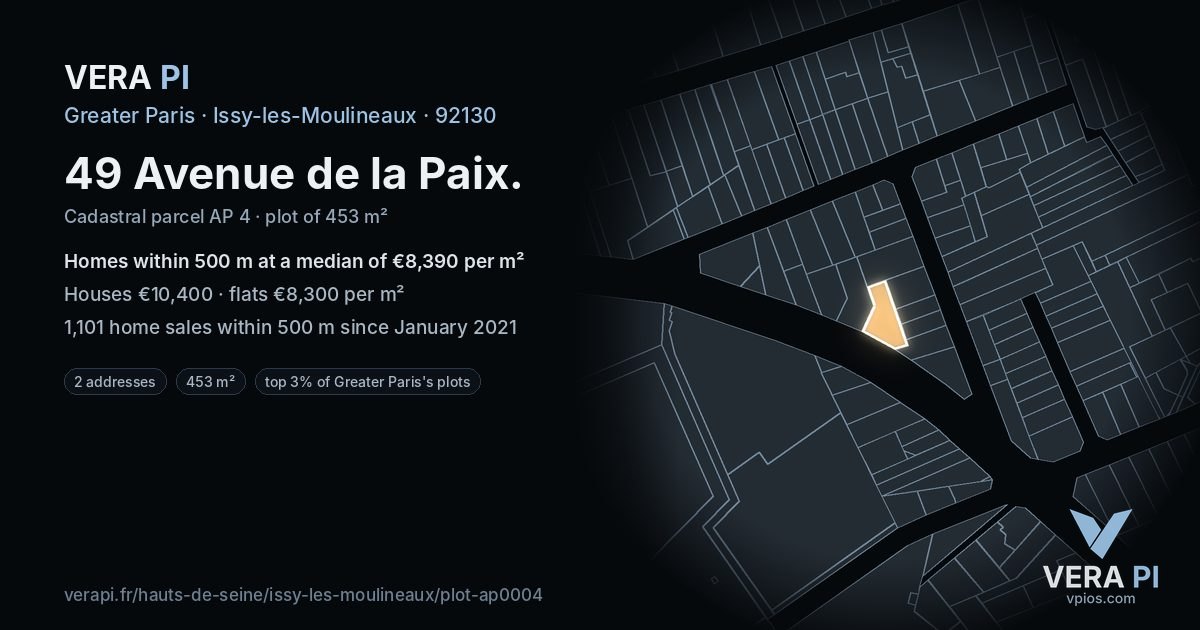 49 Avenue de la Paix, Issy-les-Moulineaux at night – the plot lit, the parcels around coloured by the prices near them