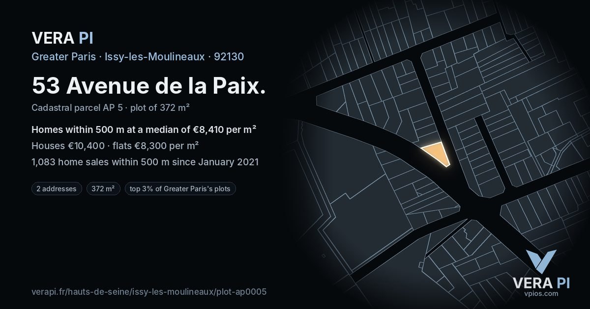 53 Avenue de la Paix, Issy-les-Moulineaux at night – the plot lit, the parcels around coloured by the prices near them